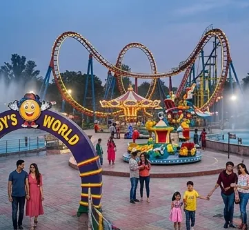 The entrance of Hardy’s World Amusement Park in Ludhiana at dusk, featuring a colorful welcome arch, a central carousel, and a large roller coaster track lit up against the evening sky.