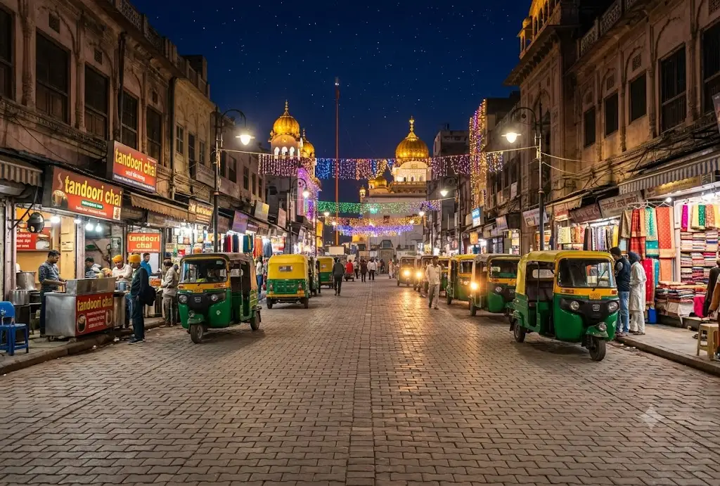 Beautifully lit city chowk at night in Punjab showcasing the vibrant nightlife with Easy Cab India's transport services