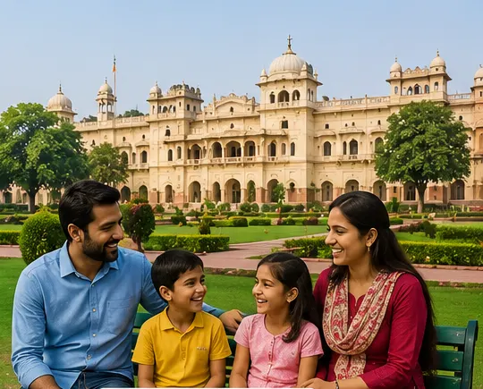Family enjoying a relaxing day at a beautiful heritage garden in Patiala Punjab
