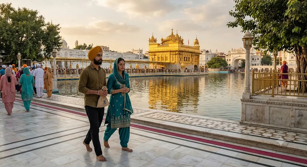 Devotees visiting the Golden Temple in Amritsar, a historic pilgrimage site in Punjab, with Easy Cab India taxi services
