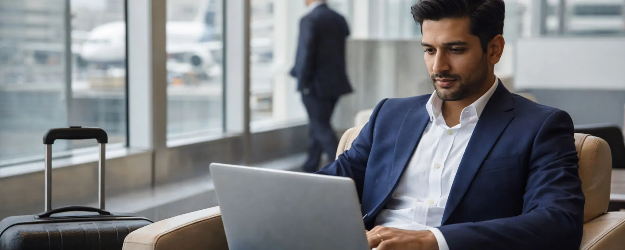 Professional business traveler on work trip with modern travel setup