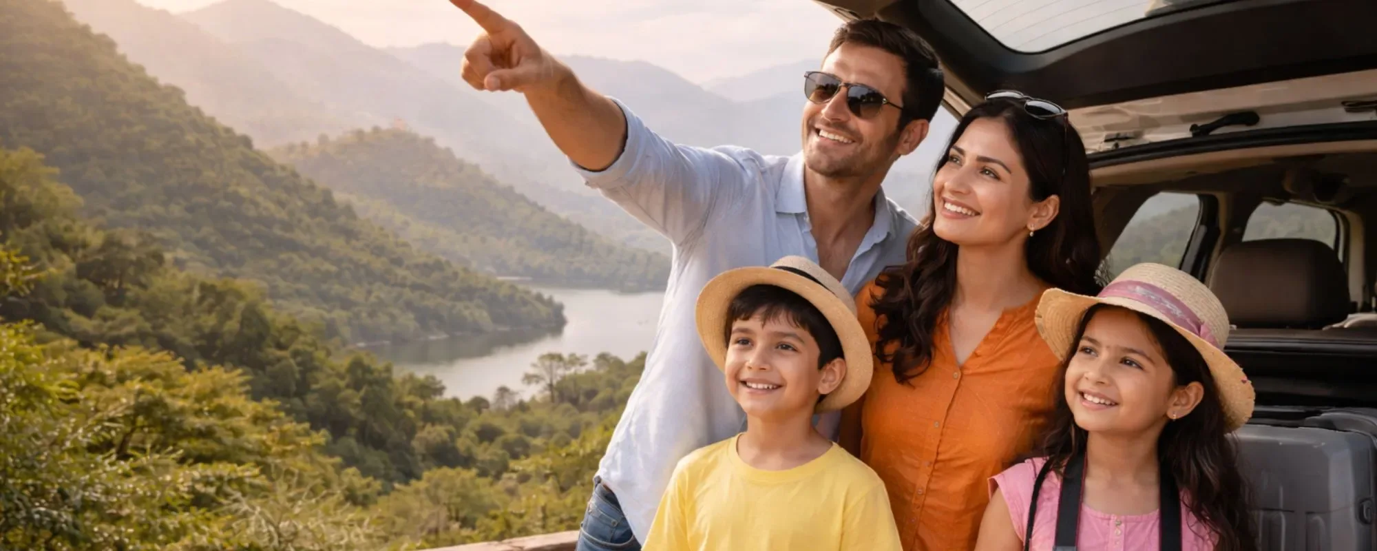 Family enjoying comfortable road trip in India with luxury car