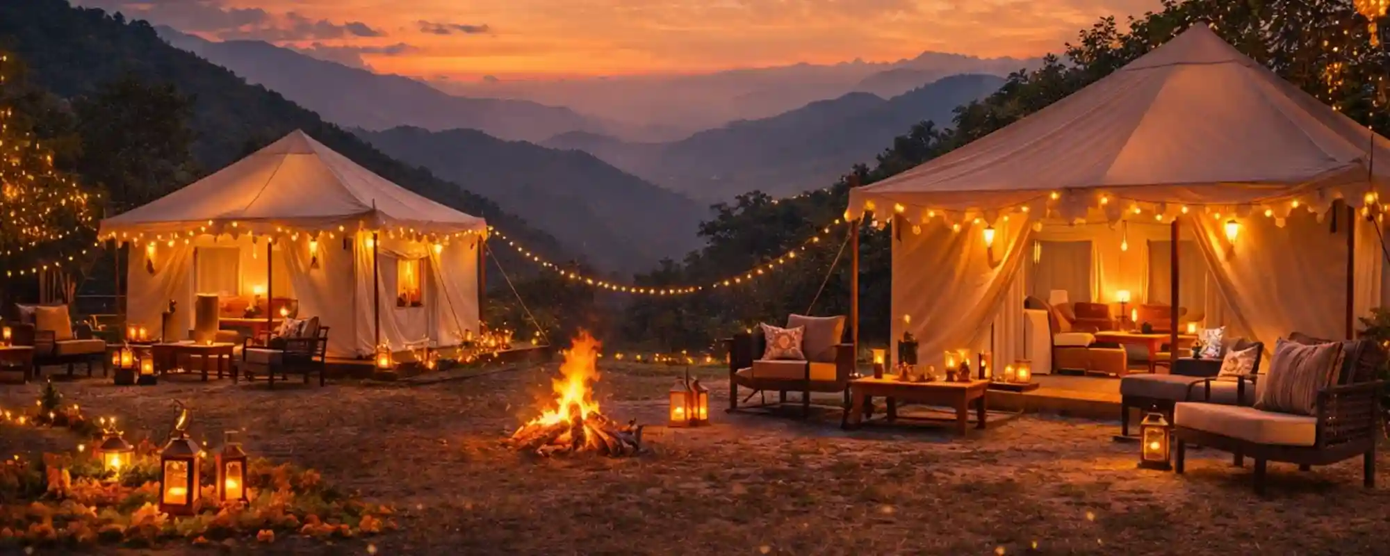 Luxury camping trip in India with premium tents and friends enjoying a comfortable vacation experience
