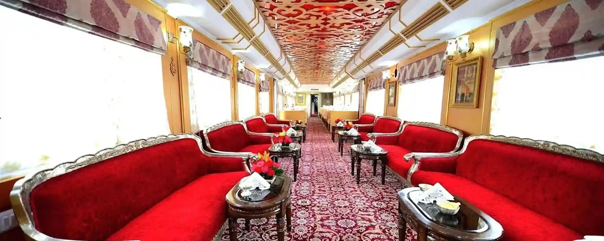 Royal train journey in India with elegant cabins and dining
